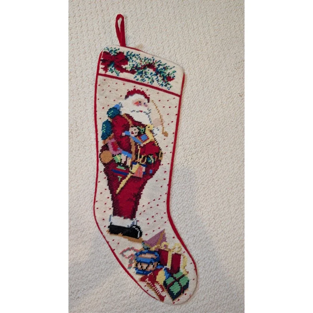 Needlepoint Christmas Stocking Santa Vintage Winter.